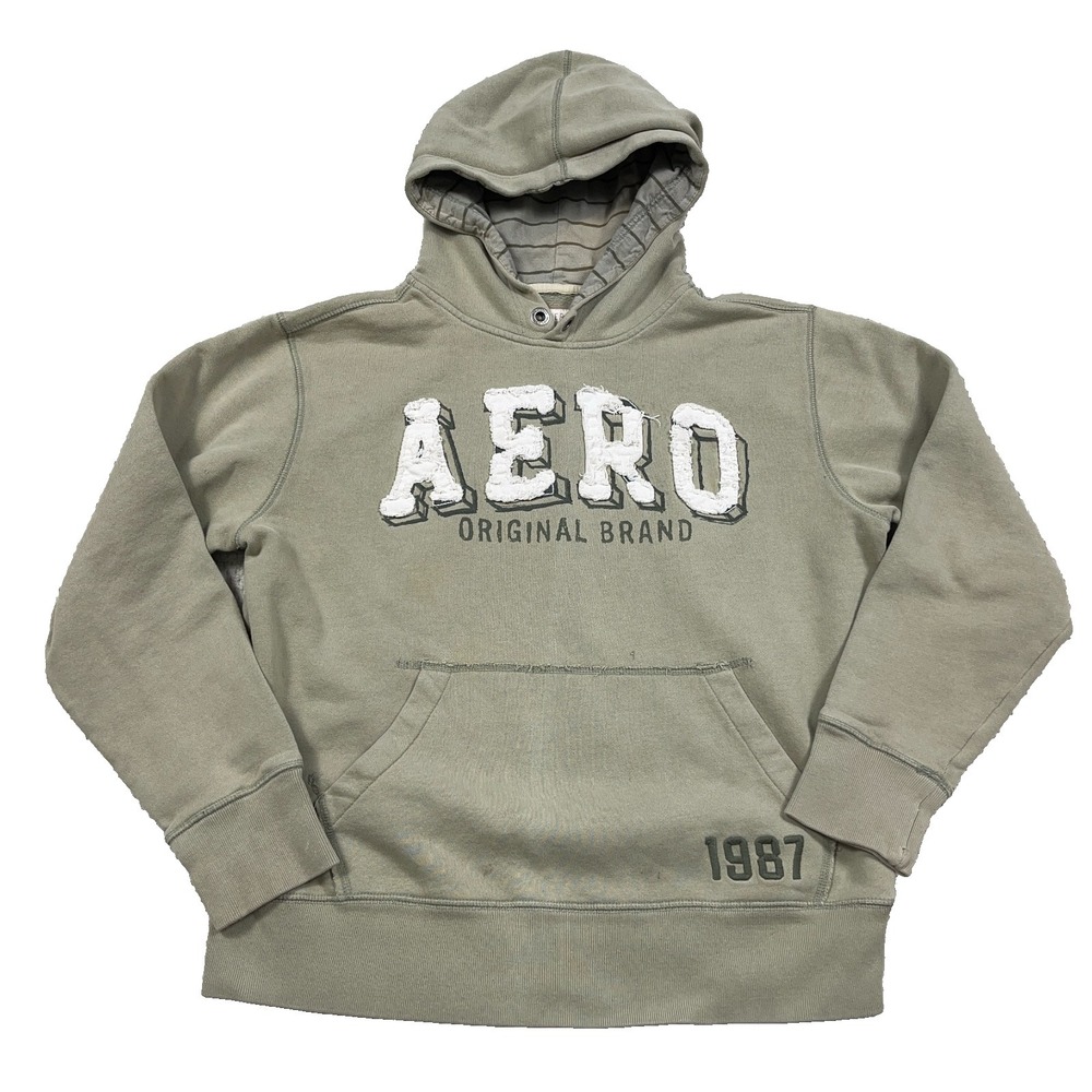 Vintage Y2K Aeropostale Hoodie Men Medium Green Sweatshirt 2000s Grunge Faded *